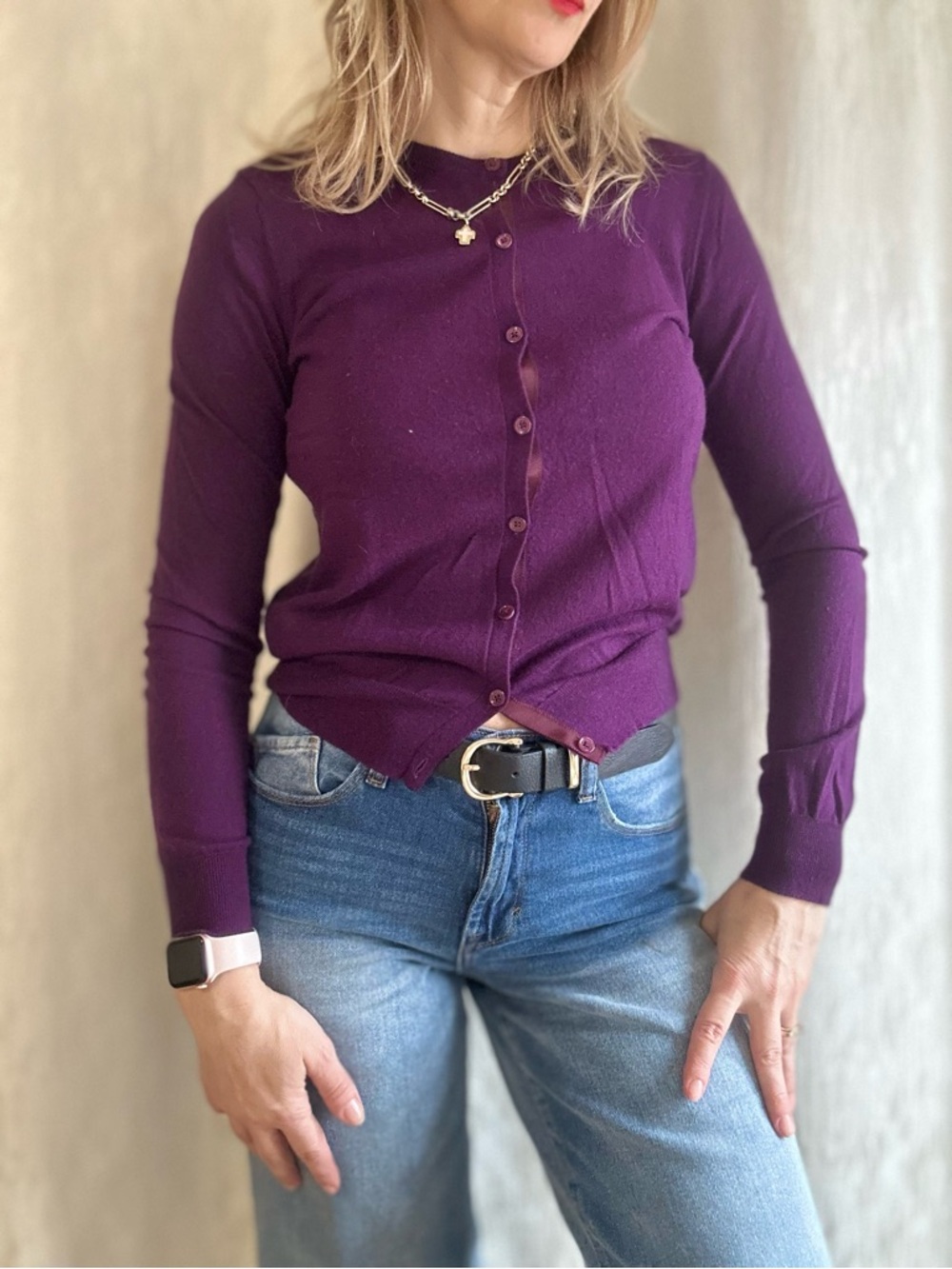 JOSEPH 100% Basic Cashmere Crewneck Cardigan - Purple - Grosgrain trim ,Size S - Picture 3 of 11